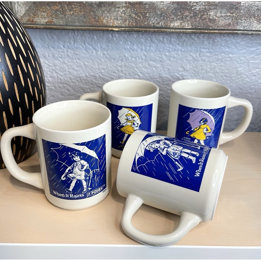 Vintage Morton Salt Girl When‎ It Rains It Pours Coffee Mugs Cups 4 Era Styles